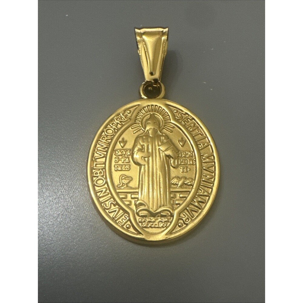 Saint Benedict Medal Gold Plated Pendant 24” Chain Stainless Steel Jesus Christ